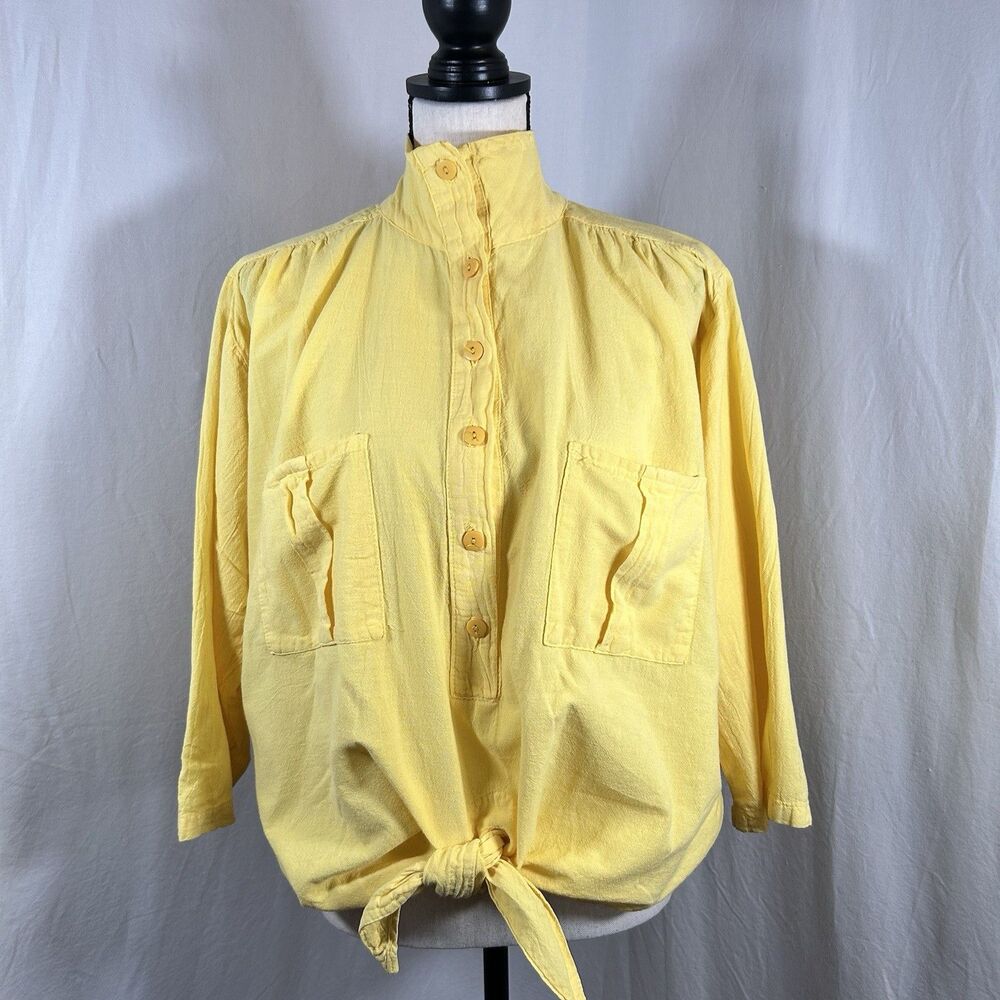 Vintage 80's Bright Yellow Cotton Tie Front Shirt Blouse Aries & Taurus size M/L
